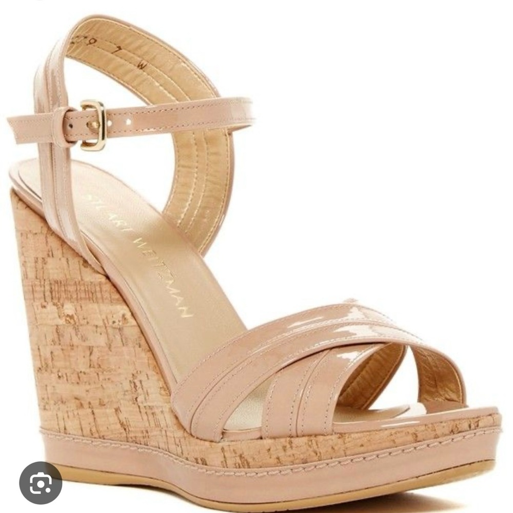 Stuart Weitzman Minky Wedge Sandal- size 8. Adobe Aniline
